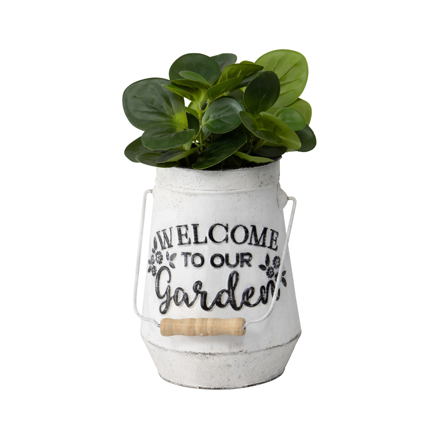 Willow &amp; Silk Metal 36cm White &#39;Welcome To Our Garden&#39; Can Pot/Planter