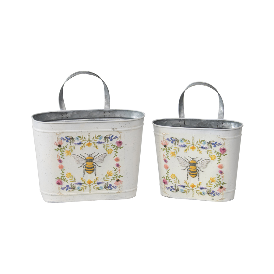 Willow &amp; Silk Nested Set of 2 Oval Pot/Planter 31cm/28cm Honeybee Buckets 