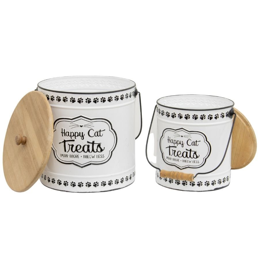 Willow &amp; Silk Nested 27cm/22.5cm &#39;Happy Cat Treats&#39; Set of 2 Tins w/ Lids 