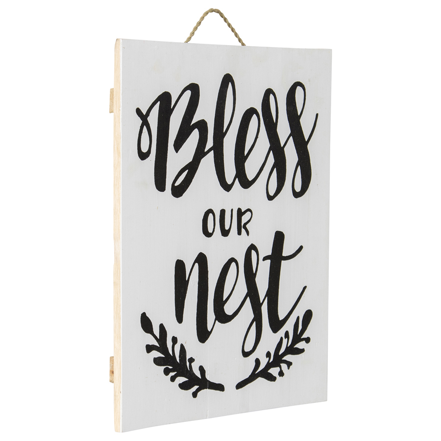 Willow &amp; Silk Wooden 40cm White/Black &#39;Bless Our Nest&#39; Plaque Sign Wall Art