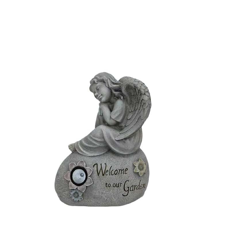 Willow &amp; Silk &#39;Welcome To Our Garden&#39; 44cm Stone Angel w/Solar Light Statue 