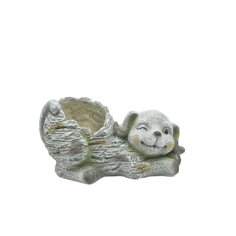 Willow &amp; Silk Polyresin 36.5cm Grey/ Stone Winking Dog Garden Pot Planter 