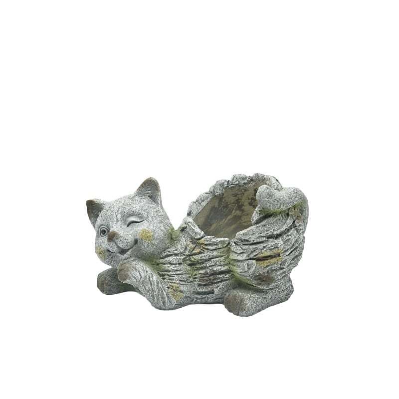 Willow &amp; Silk Polyresin 35.5cm Grey/ Stone Winking Cat Garden Pot Planter 