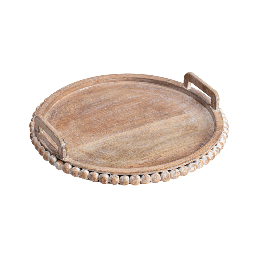 Willow &amp; Silk Handmade 41cm Wooden Beaded Round Tea/Coffee Serving Tray 