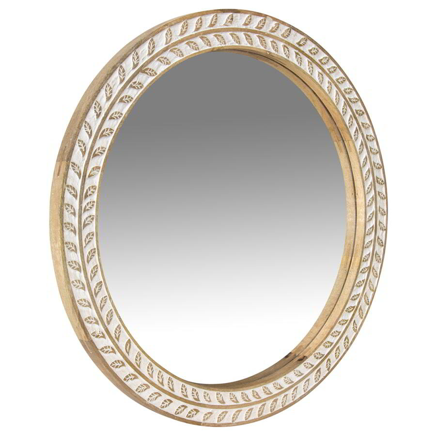 Handcrafted Mango Wood Leaf Round Wall Mirror - Natural/Whitewash