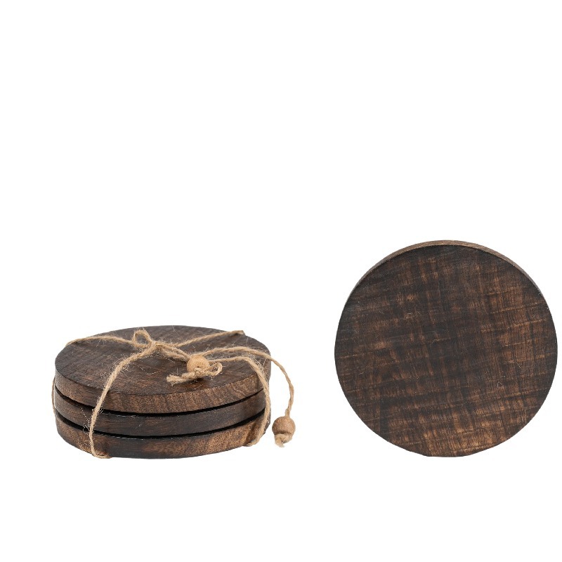 Willow &amp; Silk Handmade 10cm Wooden Burnt Finish 4pc Tea Coaster Set w/Tie