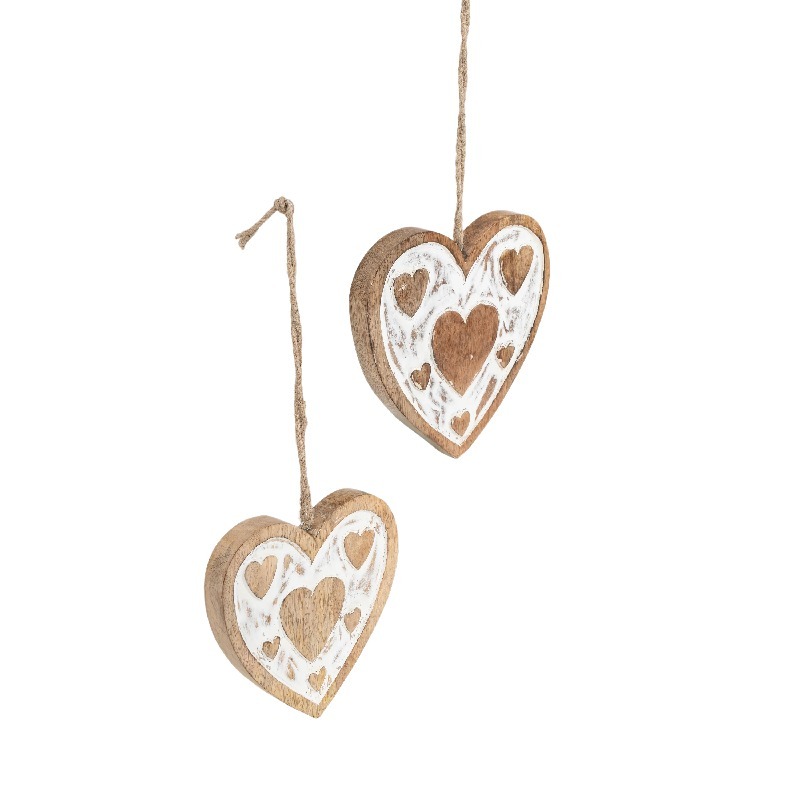 Willow &amp; Silk Handmade 18cm/13cm Set of 2 Hanging Wooden White Hearts 