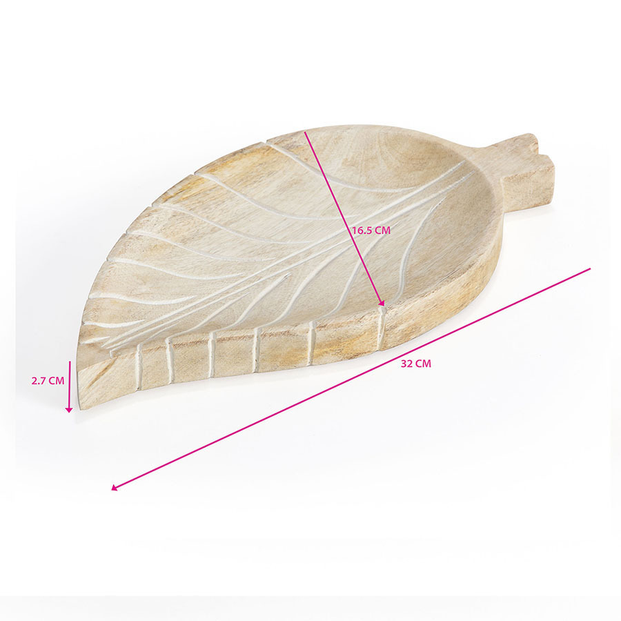 Willow &amp; Silk Handcarved Wooden 30cm Whitewash Leaf Tray