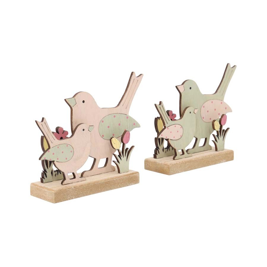 Willow &amp; Silk Wooden 15cm Set of 2 Glam Bird Family Ornament