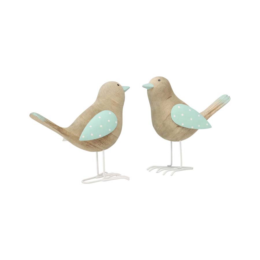 Willow &amp; Silk Wooden 14cm Set of 2 Shabby Birds Ornament