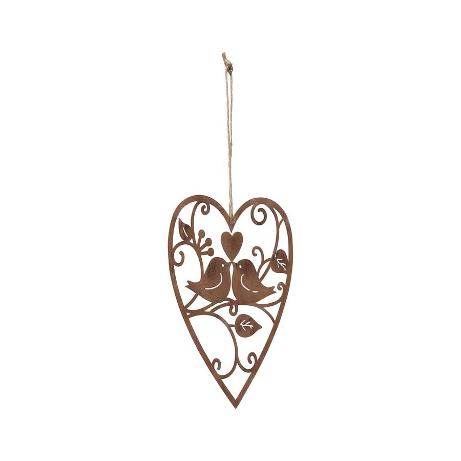 Willow &amp; Silk Hanging Lovebirds in Heart 18.5cm Rust Metal Wall Art