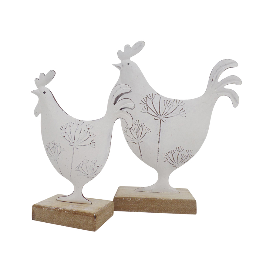 Willow &amp; Silk Set of 2 White 19cm/14.5cm Dad &amp; Son Roosters Ornament