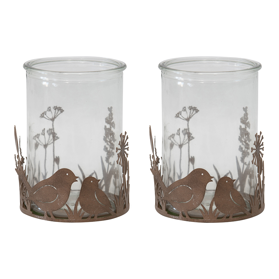 Willow &amp; Silk Set of 2 Metal Glass 10.5cm Rustic Bird Candle Holders 