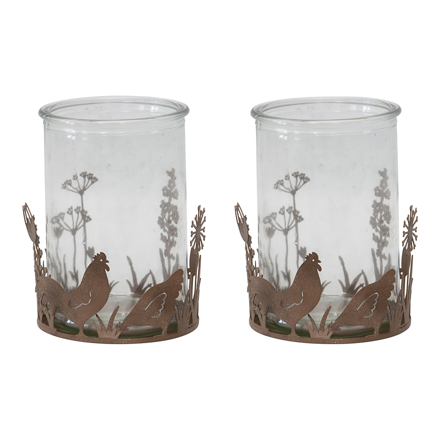 Willow &amp; Silk Set of 2 Metal Glass 10.5cm Rustic Chook Candle Holders 