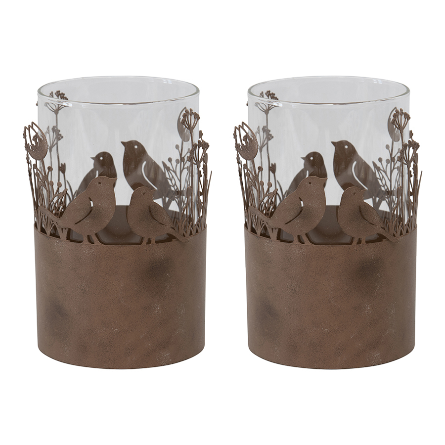 Willow &amp; Silk Set of 2 Metal Glass 17cm Rustic Bird Candle Holders 