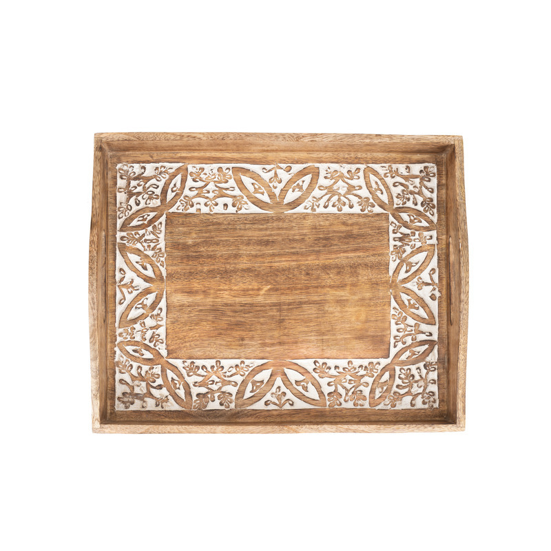 Willow &amp; Silk Handmade 38cm/33cm Set of 2 Wooden Carved Leaf Serving Trays