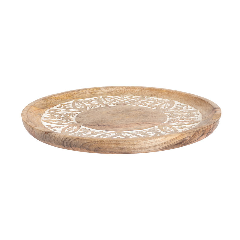 Willow &amp; Silk Handmade 30cm Round Wooden Carved Serving Platter Tray