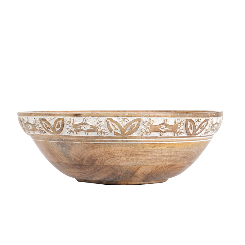 Willow &amp; Silk Handmade 30cm Natural/White Wooden Serving Bowl w/Leaf Carving