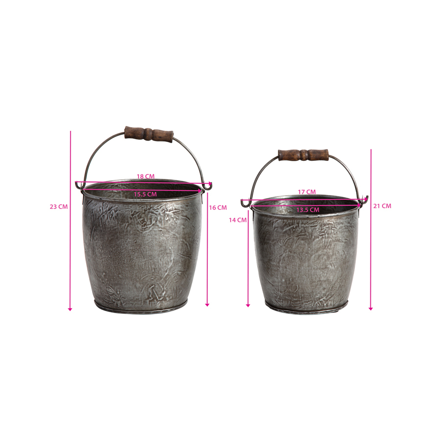 Willow &amp; Silk Nested Metal 23/21cm Set of 2 Silver Bucket Planters w/Handle