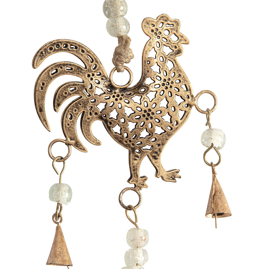 Willow &amp; Silk Hanging 80cm 3 Roosters w/ Bell Golden Door Chime