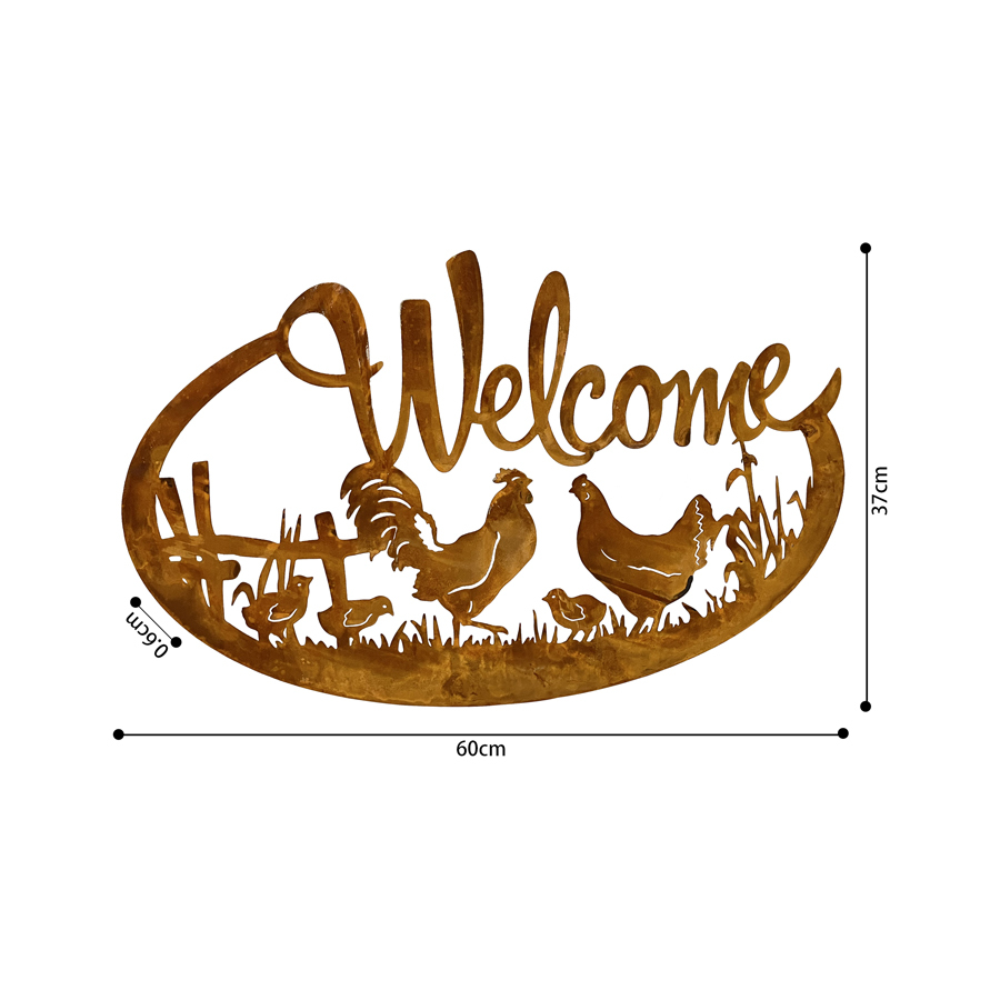 Willow &amp; Silk Rusty Metal 60.5cm Chicken Family &#39;Welcome&#39; Wall Art