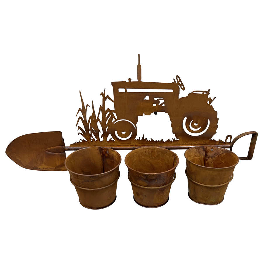 Willow &amp; Silk Metal 60cm Rustic 3 Pot Wall Planter on Showel w/ Tractor 