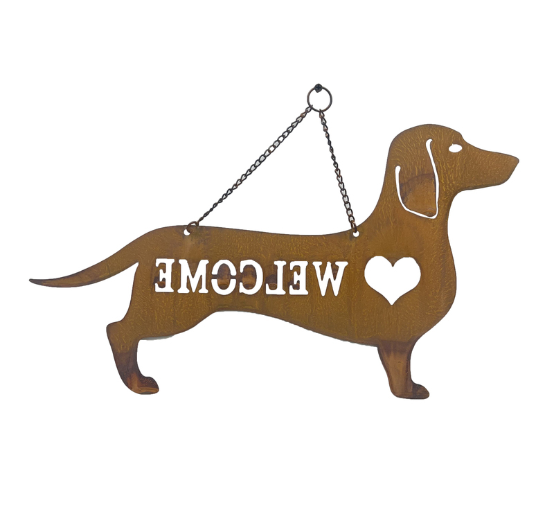 Willow &amp; Silk Hanging Laser Cut 47cm Welcome Dog w/ Heart Metal Wall Art