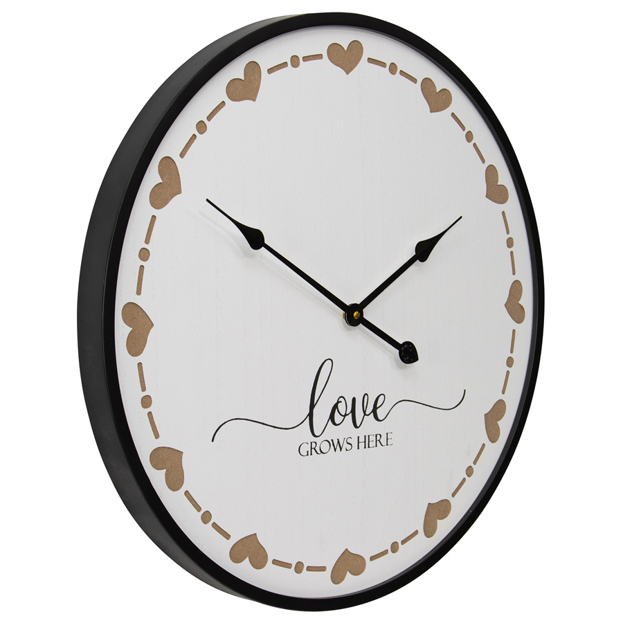 Willow &amp; Silk Wooden Round White 60cm &#39;Love Grows Here&#39; Heart Wall Clock