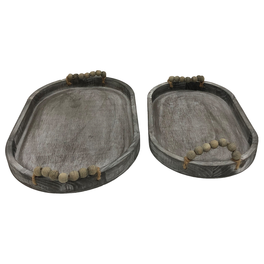 Willow &amp; Silk Wooden 46/41cm Set of 2 Oval Serving Trays w/ Beaded Handles