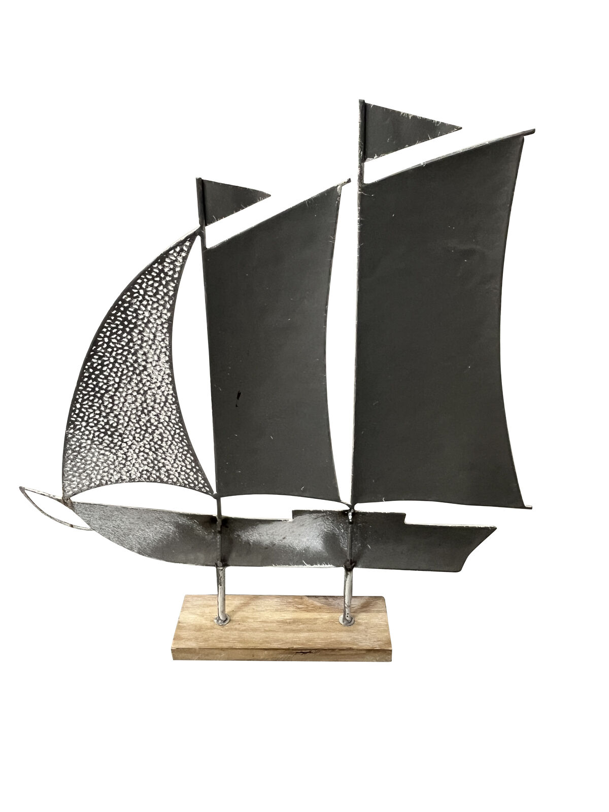 Willow &amp; Silk Metal/Wood 56cm Distressed Finish Sail Boat on Base Ornament 