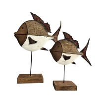 Willow &amp; Silk Handmade 28cm/20cm Set of 2 Wood/Iron Fish on Base 