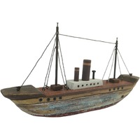 Willow &amp; Silk Handmade 37cm Wooden Ship w/Red &amp; Blue Wash