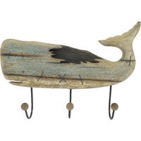 Willow &amp; Silk Handmade 56cm Wood/Metal Whale Wall Art w/ 3 Hooks Organiser 