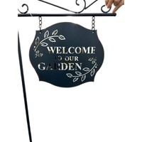 Willow &amp; Silk Iron 121cm &#39;Welcome to our Garden&#39; Grey Laser-cut Stake  