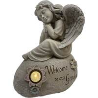 Willow &amp; Silk &#39;Welcome To Our Garden&#39; 44cm Stone Angel w/Solar Light Statue 