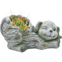 Willow &amp; Silk Polyresin 36.5cm Grey/ Stone Winking Dog Garden Pot Planter 