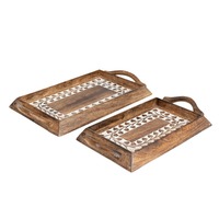 Willow &amp; Silk Handmade 37cm/30cm Set of 2 Serving Trays w/Leaf Carving 