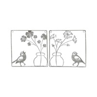 Willow &amp; Silk Metal 20.5cm Set of 2 Plant in Pot w/ Bird Grey Wall Art 