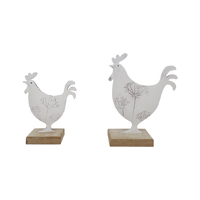 Willow &amp; Silk Set of 2 White 19cm/14.5cm Dad &amp; Son Roosters Ornament