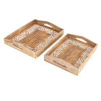 Willow &amp; Silk Handmade 38cm/33cm Set of 2 Wooden Carved Leaf Serving Trays