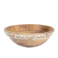 Willow &amp; Silk Handmade 30cm Natural/White Wooden Serving Bowl w/Leaf Carving