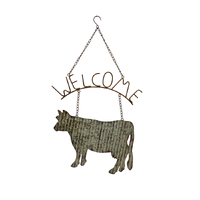 Willow &amp; Silk Hanging 74cm Rustic Metal Cow &#39;Welcome&#39; Plaque Sign Wall Art