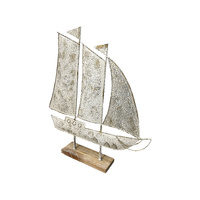 Willow &amp; Silk Metal/Wood 56cm Distressed Finish Sail Boat on Base Ornament 