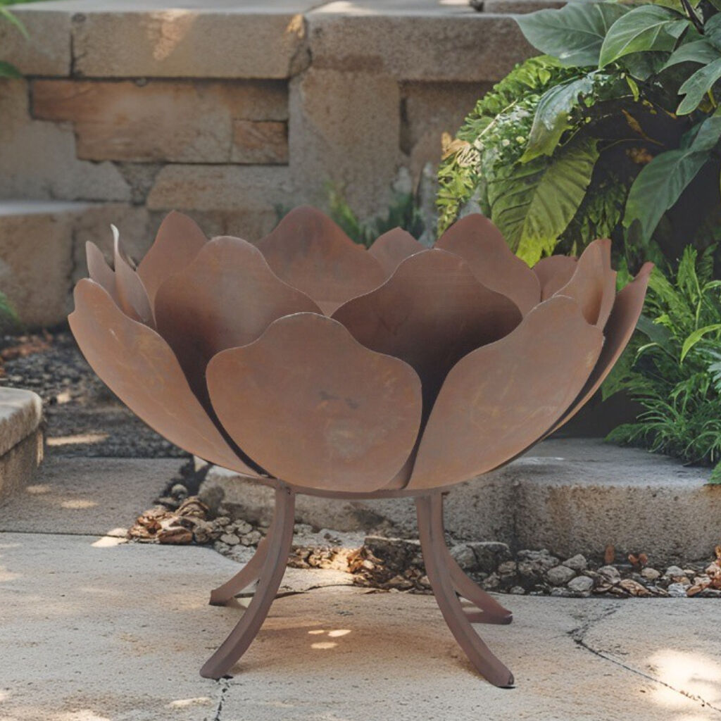 Willow &amp; Silk Metal Rustic Lotus Flower Firebowl Garden/Outdoor 60cm