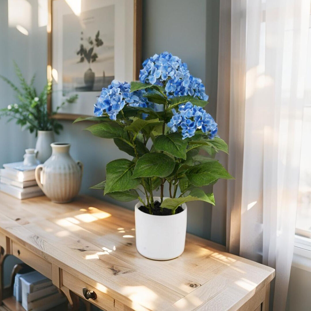 Willow &amp; Silk Potted Artificial Serene Blue Hydrangea 35x35x50cm