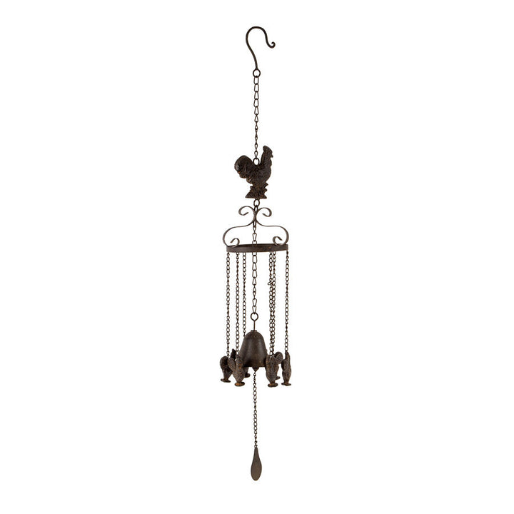 Willow &amp; Silk Cast-Iron Bell with Hanging Chooks Rustic Wind Chime 13x11x83cm