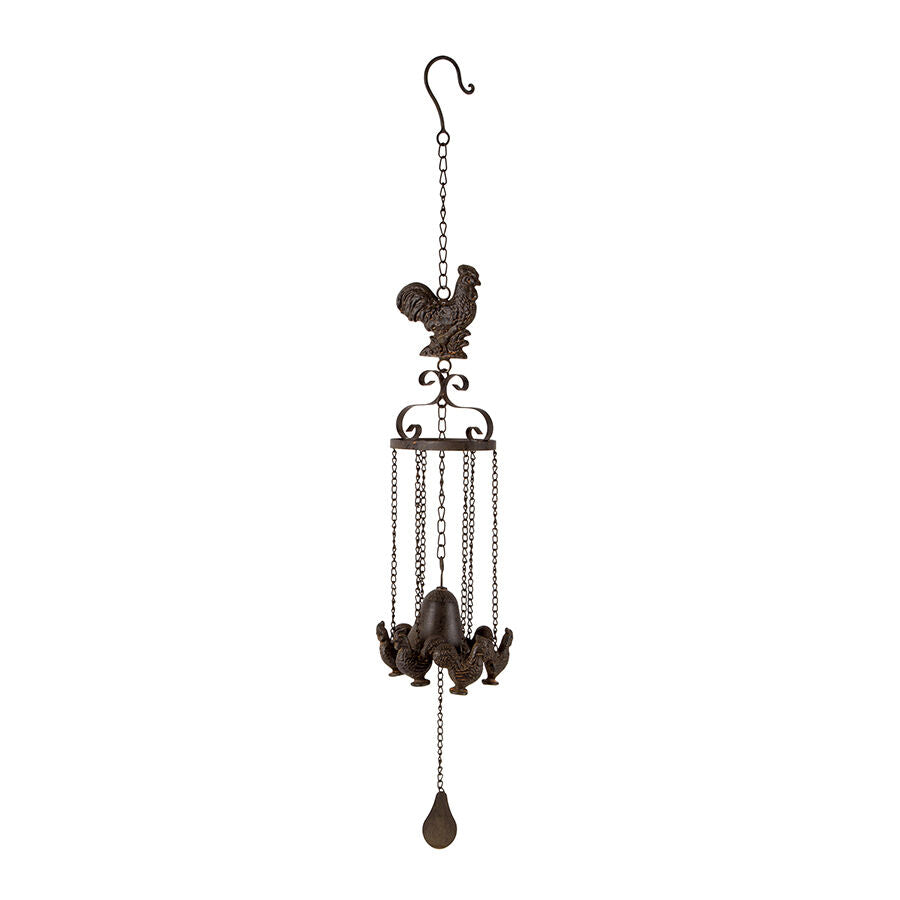 Willow &amp; Silk Cast-Iron Bell with Hanging Chooks Rustic Wind Chime 13x11x83cm