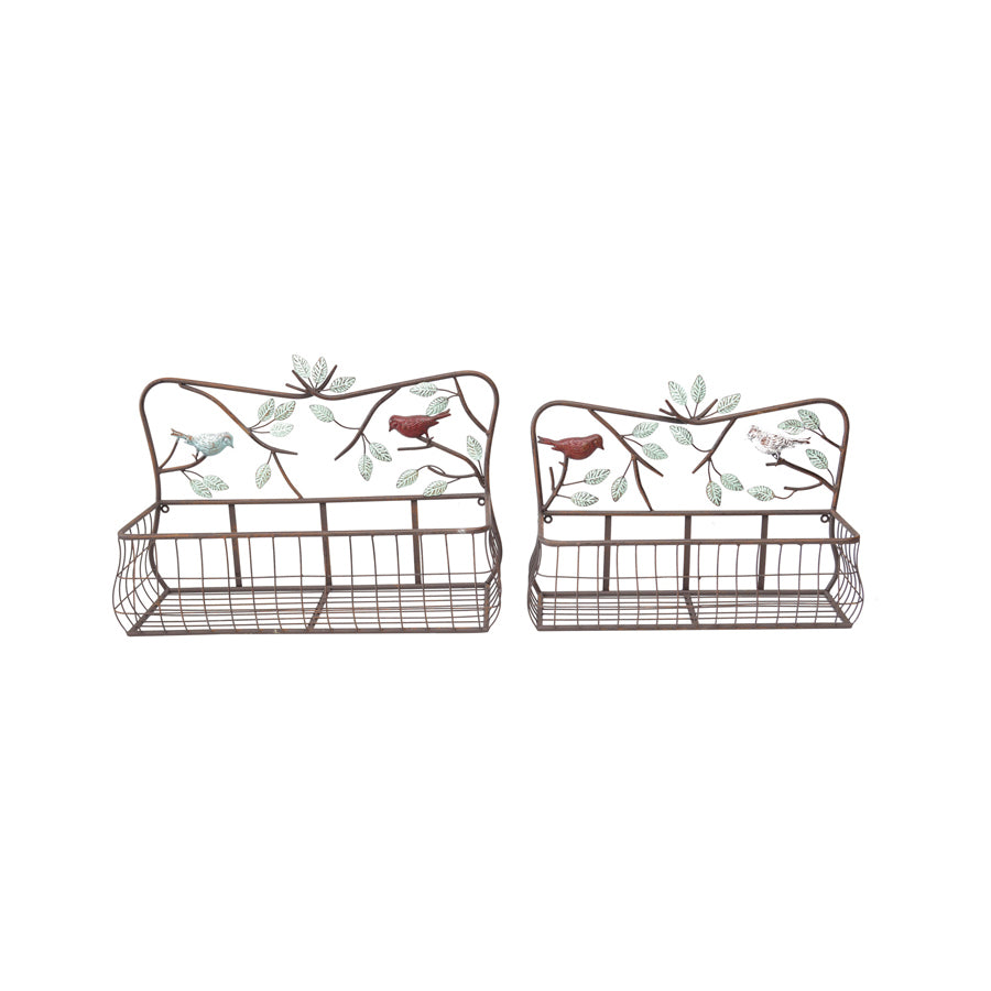 Willow &amp; Silk Coloured Bird &amp; Leaves Design Wall Planters Set/2