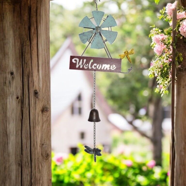 Willow &amp; Silk Hanging Welcome Windmill with Bell and Dragonflies 31.5x6.5x82cm