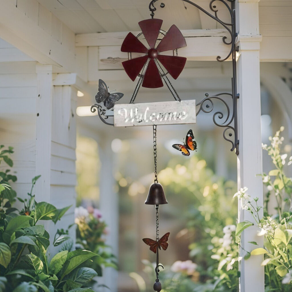Willow &amp; Silk Hanging Welcome Windmill with Bell and Butterflies 30x6.5x80cm